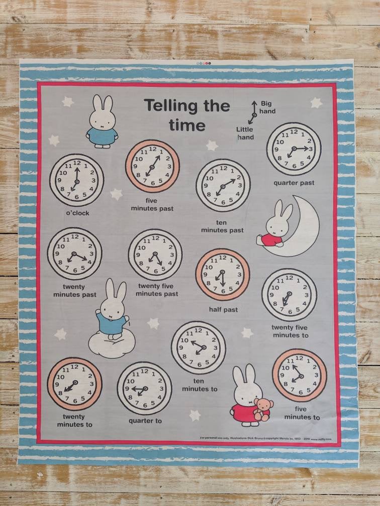 Miffy Telling The Time - Cotton Fabric Panel Quilt Panel - 91cm X 112cm