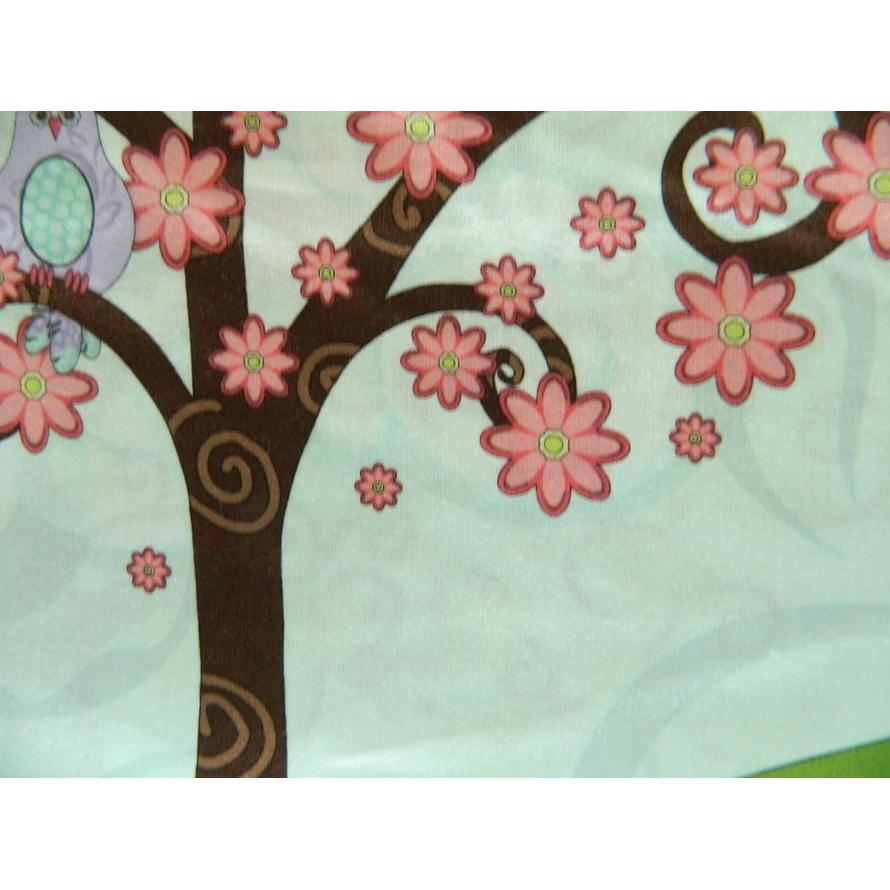 Light blue panel with brown tree, pink flowers, and a purple owl.