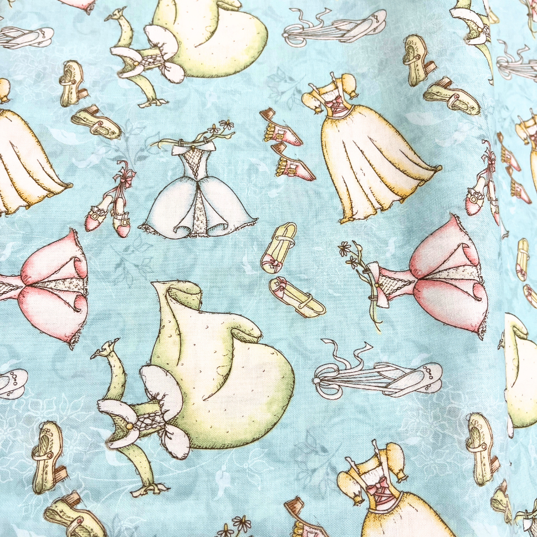 Princess Dresses & Shoes on Blue Cotton Woven Fabric  - Castles & Carriages by Studio R Designs 100%Cotton WOF 110cn -  112cm