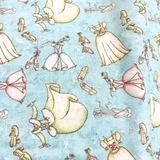 Princess Dresses & Shoes on Blue Cotton Woven Fabric  - Castles & Carriages by Studio R Designs 100%Cotton WOF 110cn -  112cm