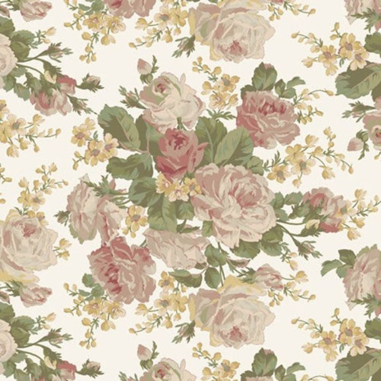 A vintage-style floral pattern featuring large blush pink and cream roses, green leaves, and small yellow flowers on an off-white background.