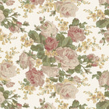 A vintage-style floral pattern featuring large blush pink and cream roses, green leaves, and small yellow flowers on an off-white background.