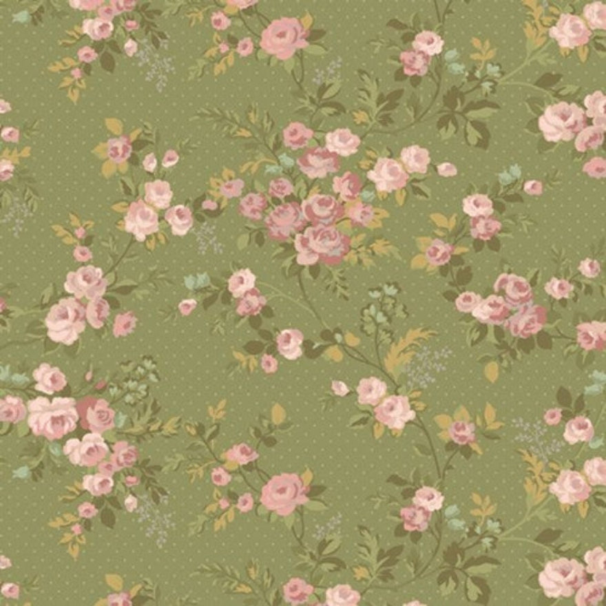 A repeating floral pattern featuring pink roses and green leaves on an olive green background with a subtle dotted texture.