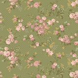 A repeating floral pattern featuring pink roses and green leaves on an olive green background with a subtle dotted texture.