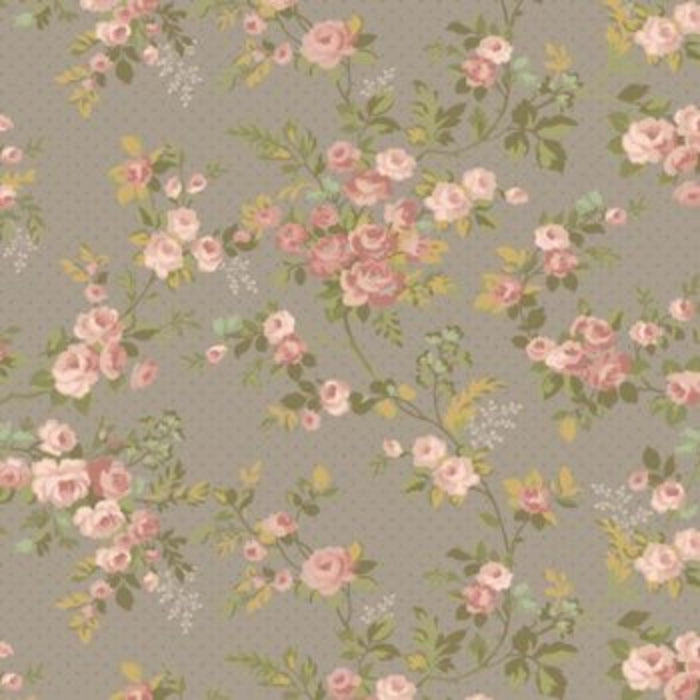 A repeating floral pattern featuring soft pink roses and green leaves on a warm taupe-gray background.