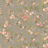 A repeating floral pattern featuring soft pink roses and green leaves on a warm taupe-gray background.