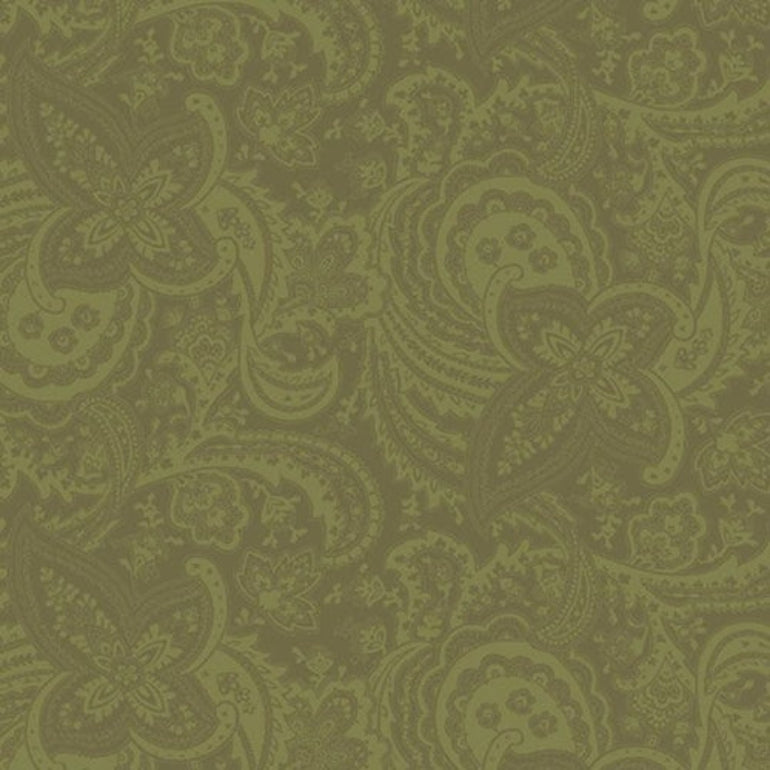 A close-up of a repeating paisley pattern in muted olive green and brown tones, filling the entire frame.
