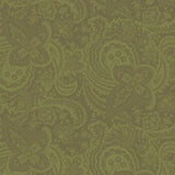 A close-up of a repeating paisley pattern in muted olive green and brown tones, filling the entire frame.