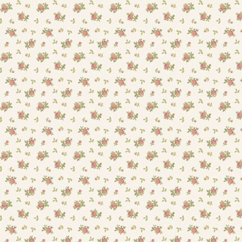 A repeating floral pattern on a warm cream background, featuring small pink flowers with green leaves and buds arranged evenly across the surface.