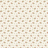 A repeating floral pattern on a warm cream background, featuring small pink flowers with green leaves and buds arranged evenly across the surface.