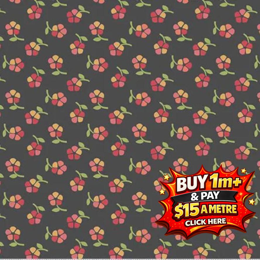 Dark gray fabric with a repeating pattern of small red and yellow flowers with green stems.
