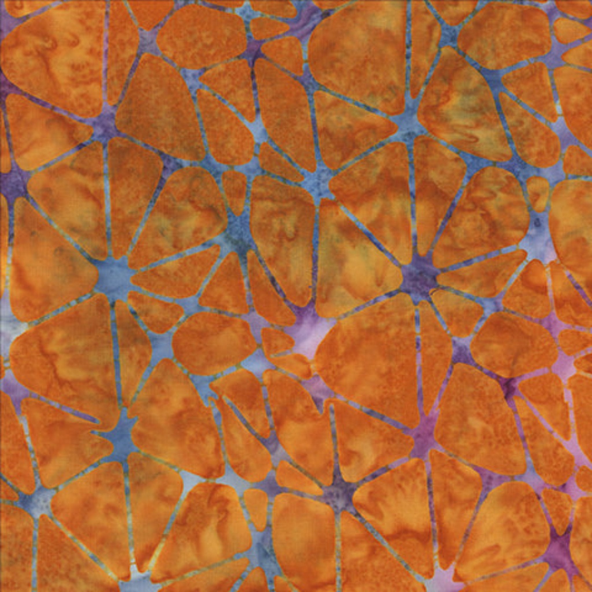 "Rustic Jewel Web, Burnt Orange Batik Cotton 2772Q-X, 110cm wide, 119gsm. Warm burnt orange tones with a rustic pattern, perfect for quilting and sewing projects."