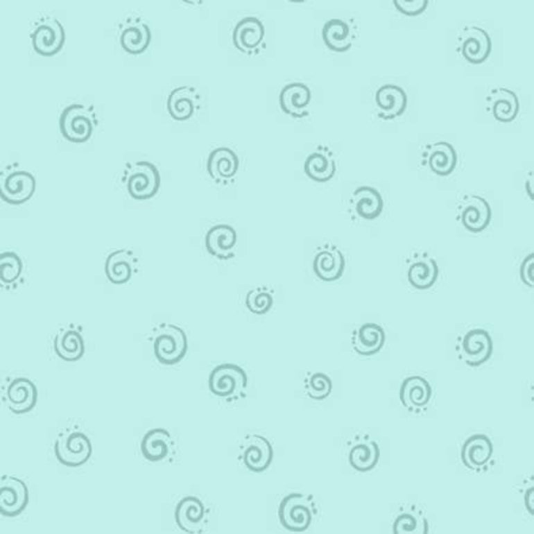 A repeating pattern of small spiral motifs in a muted blue-gray on a light aqua background.