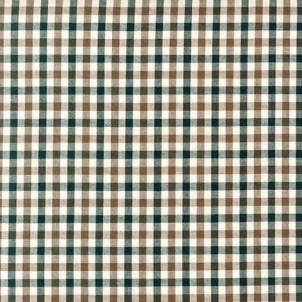 A close-up of a gingham check fabric pattern with brown, dark green, and off-white squares.