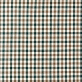 A close-up of a gingham check fabric pattern with brown, dark green, and off-white squares.