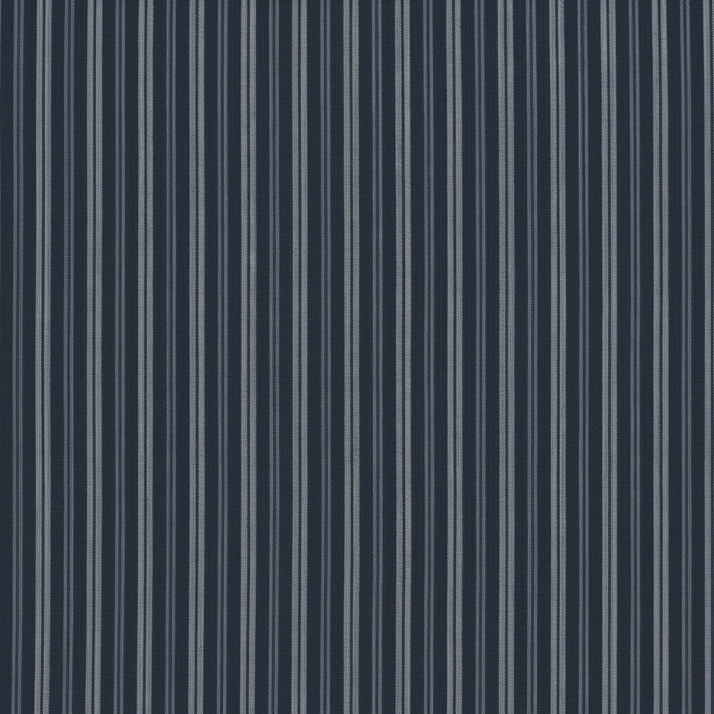 A close-up of a fabric or wallpaper pattern featuring vertical stripes in navy blue, charcoal gray, and off-white.