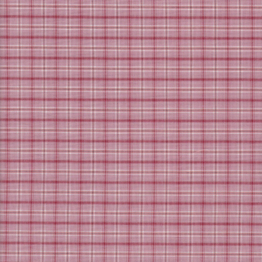 A close-up of a plaid fabric pattern with intersecting horizontal and vertical stripes in dusty pink, burgundy, and white, forming a small tartan check.