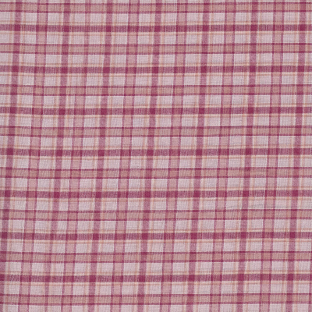A close-up of a pink and red plaid fabric pattern filling the entire frame.
