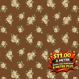 Brown fabric with a repeating pattern of delicate cream and peach roses with green leaves.