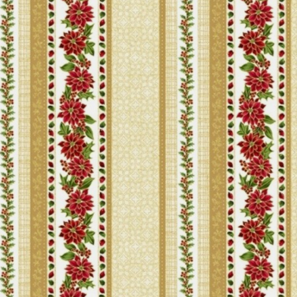 Hoffman Fabrics Christmas Poised Poinsettia R7672 Natural/Gold Stripe Cotton