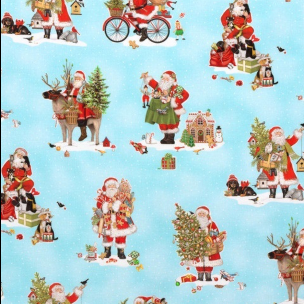 Robert Kaufman Holly Jolly Christmas Santas Sky Blue Fabric