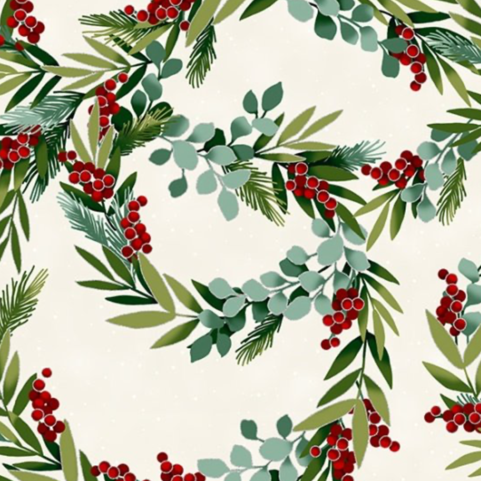 Winter Blooms Wreath Natural/Silver Hoffman Christmas Fabric