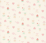 A repeating pattern of small cross-stitch style motifs on a warm cream background, including hearts, bows, flowers, and small geometric shapes in muted pink, peach, green, and tan.