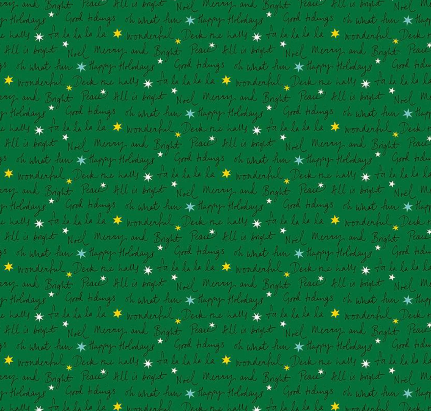 A repeating holiday-themed pattern on a dark green background, featuring the words 'Merry and Bright' and 'Happy Holidays' in light gray script, interspersed with small yellow and white starburst accents.
