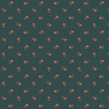 A repeating floral pattern on a dark teal-green background, featuring small red flowers with yellow centers and olive-green leaves.