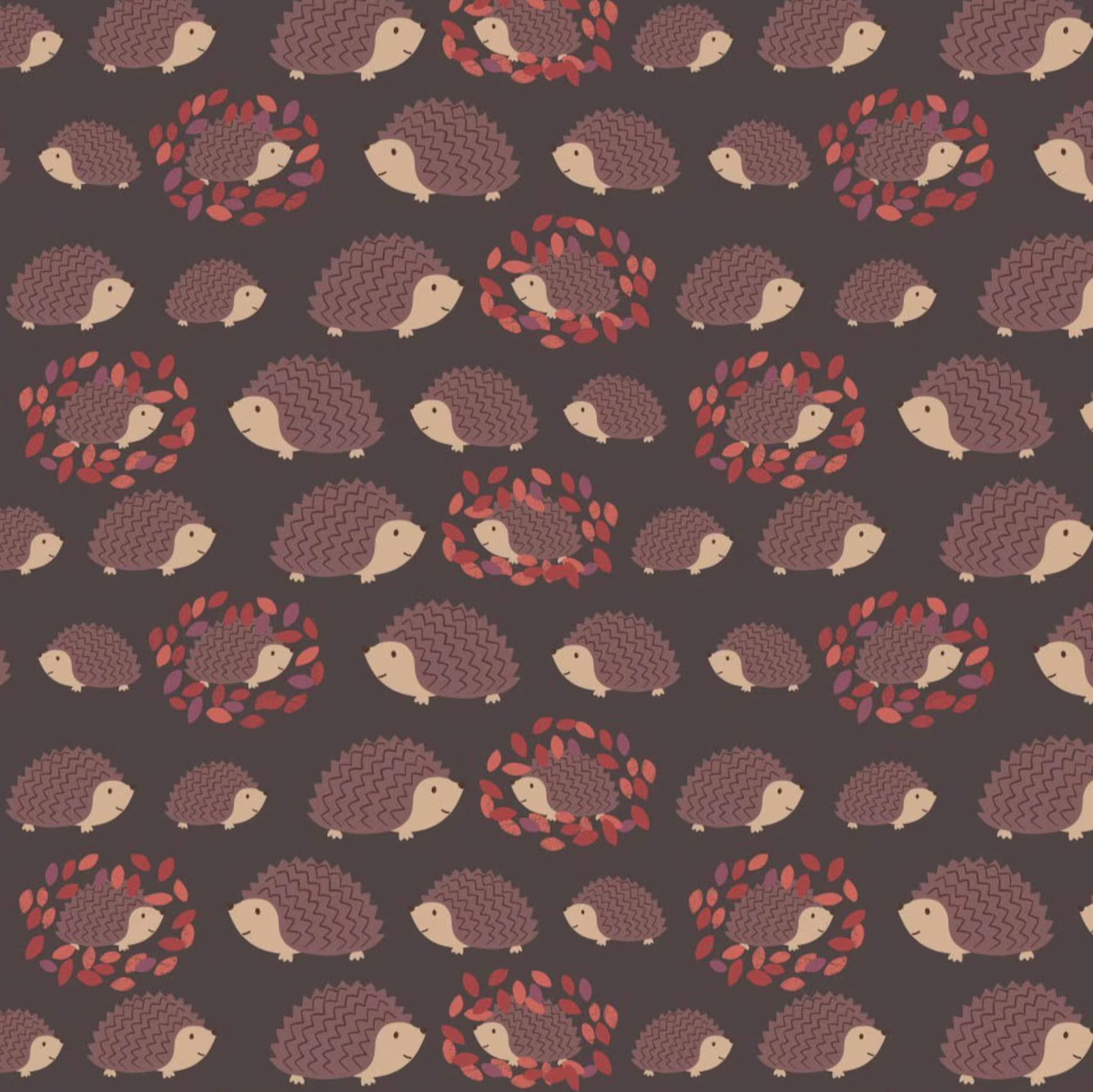 A repeating pattern of small hedgehogs on a dark brown background, with some hedgehogs framed in circular red leaf wreaths. The hedgehogs are cream and brown, and the background is a solid dark brown.
