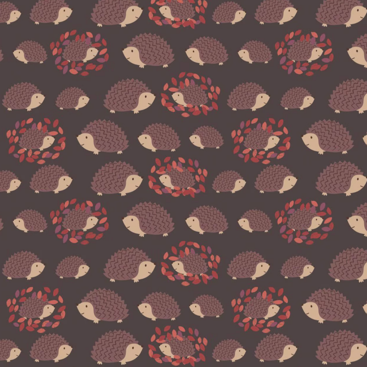 A repeating pattern of small hedgehogs on a dark brown background, with some hedgehogs framed in circular red leaf wreaths. The hedgehogs are cream and brown, and the background is a solid dark brown.
