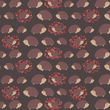 A repeating pattern of small hedgehogs on a dark brown background, with some hedgehogs framed in circular red leaf wreaths. The hedgehogs are cream and brown, and the background is a solid dark brown.