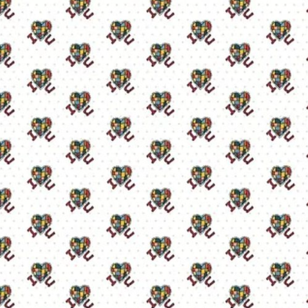 A repeating pattern of small heart-shaped motifs filled with multicolored puzzle-piece style details, each accompanied by a dark red ribbon or bow, on a white background with faint light gray dots.