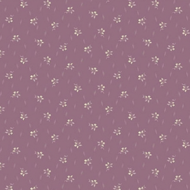 A repeating floral pattern in soft mauve purple with small white flowers and subtle green stems, filling the entire frame.
