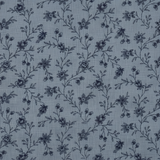 A close-up of a fabric or wallpaper pattern featuring a delicate, dark navy floral vine design on a muted slate blue-gray background.