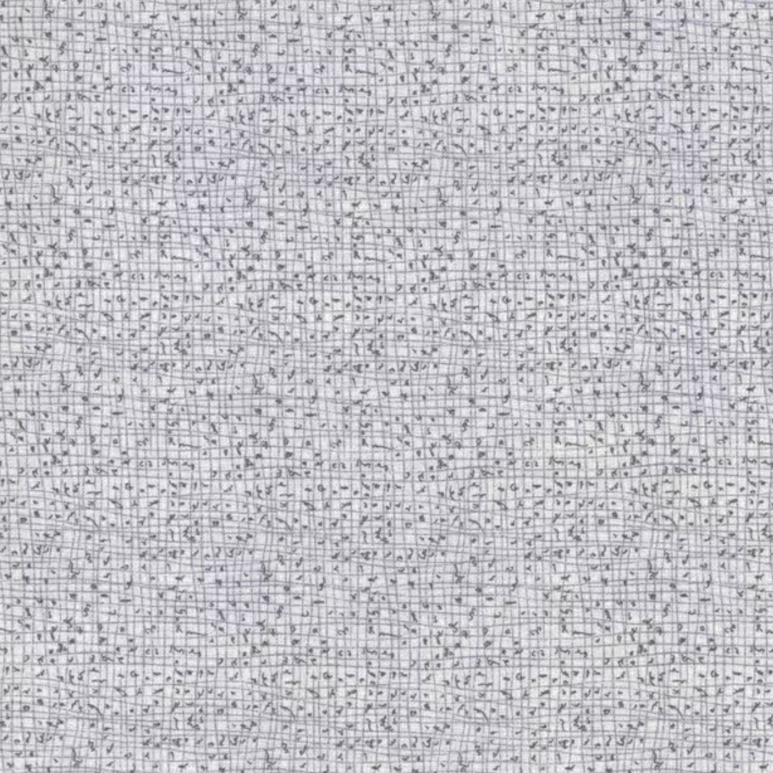 A close-up of a woven fabric texture in a light gray and white colorway, showing a detailed linen-like grid pattern.