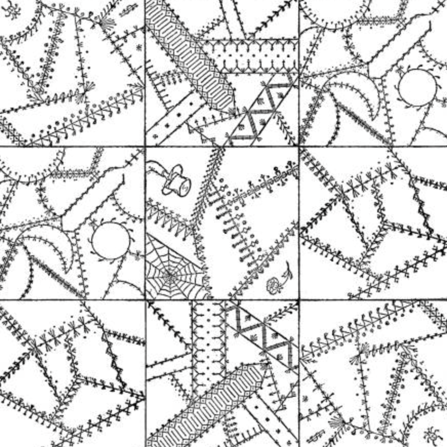 A black and white square grid pattern featuring various stitched, stitched-like, and web-like motifs in a patchwork arrangement.