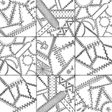 A black and white square grid pattern featuring various stitched, stitched-like, and web-like motifs in a patchwork arrangement.
