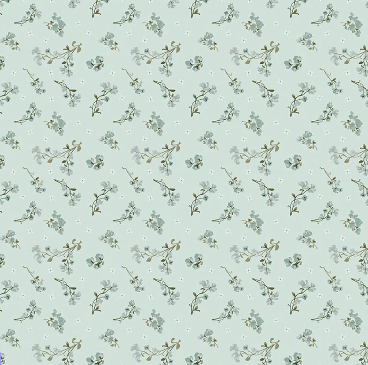 A repeating floral pattern on a pale mint green background, featuring muted blue-gray blossoms, small white dots, and olive-brown stems.