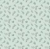 A repeating floral pattern on a pale mint green background, featuring muted blue-gray blossoms, small white dots, and olive-brown stems.