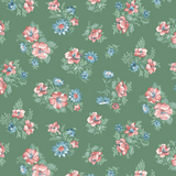 A repeating floral pattern on a muted sage green background, featuring pink and coral flowers, light blue blossoms, and green leaves.