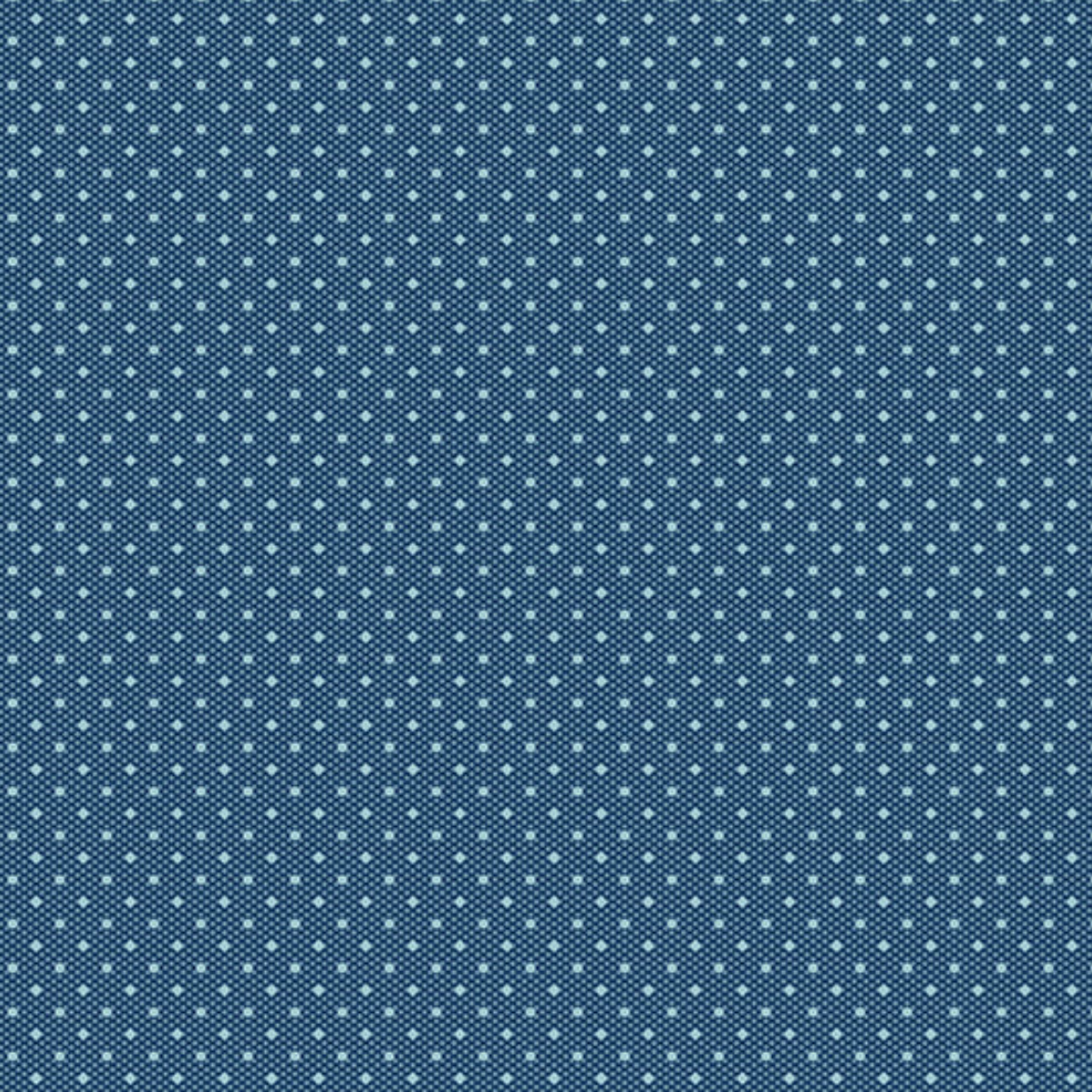 A close-up of a repeating fabric pattern featuring small white embroidered dots arranged in neat diagonal rows over a dark navy blue background.