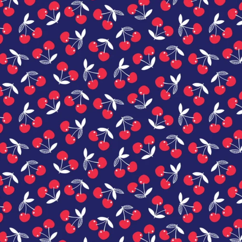 A repeating pattern of red cherries with white stems and leaves on a dark navy blue background.
