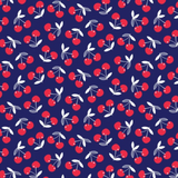 A repeating pattern of red cherries with white stems and leaves on a dark navy blue background.