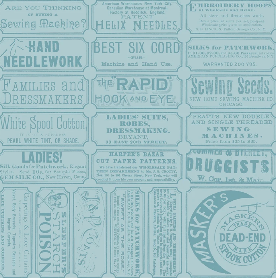 Vintage sewing machine advertisement collage print in a monochromatic light blue and white color scheme, featuring multiple framed newspaper-style ads with text such as 'Hand Needlework,' 'The Rapid Hook and Eye,' 'Sewing Seeds,' and 'Dead End Spool Cotton.'.