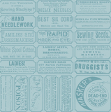 Vintage sewing machine advertisement collage print in a monochromatic light blue and white color scheme, featuring multiple framed newspaper-style ads with text such as 'Hand Needlework,' 'The Rapid Hook and Eye,' 'Sewing Seeds,' and 'Dead End Spool Cotton.'.