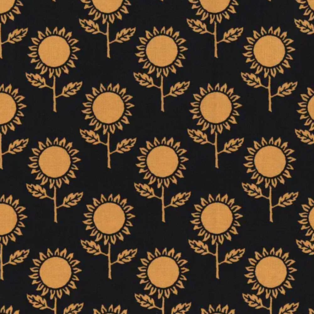 A repeating sunflower pattern in warm mustard yellow on a solid black background.