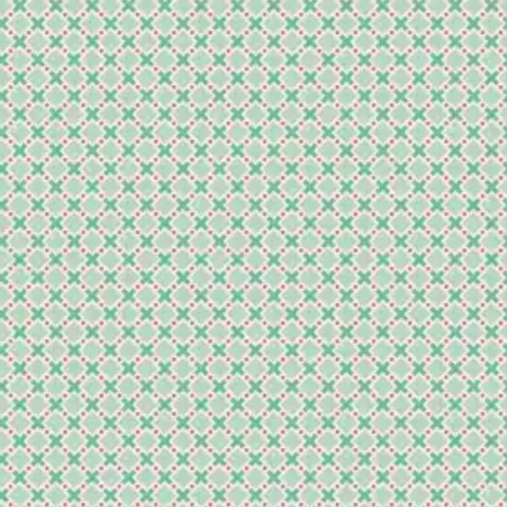 A repeating geometric pattern featuring mint green and white interlocking diamond and cross motifs.