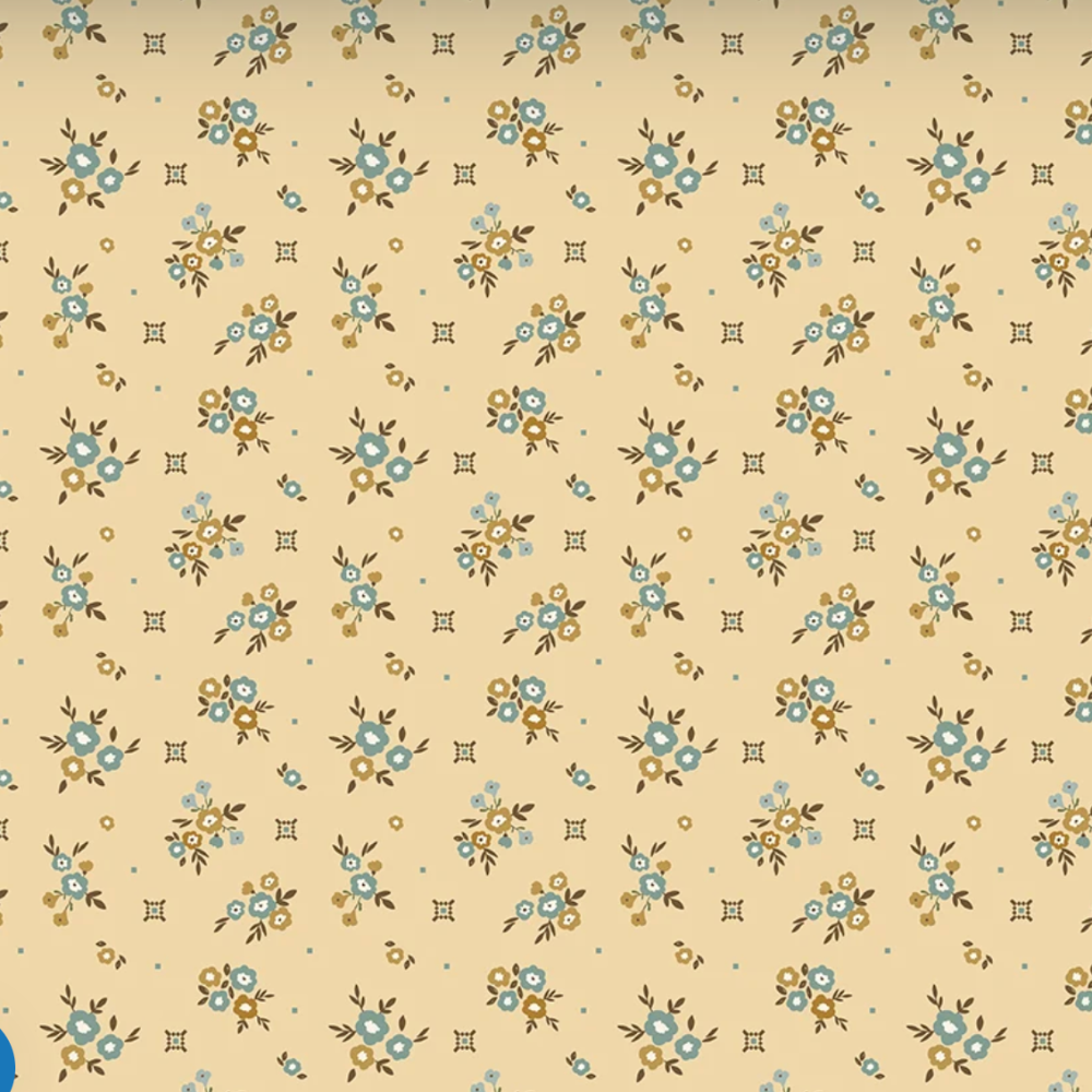 A repeating floral pattern on a warm beige background, featuring small blue and brown flowers with tiny blue dots and decorative motifs.