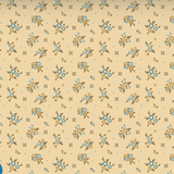 A repeating floral pattern on a warm beige background, featuring small blue and brown flowers with tiny blue dots and decorative motifs.